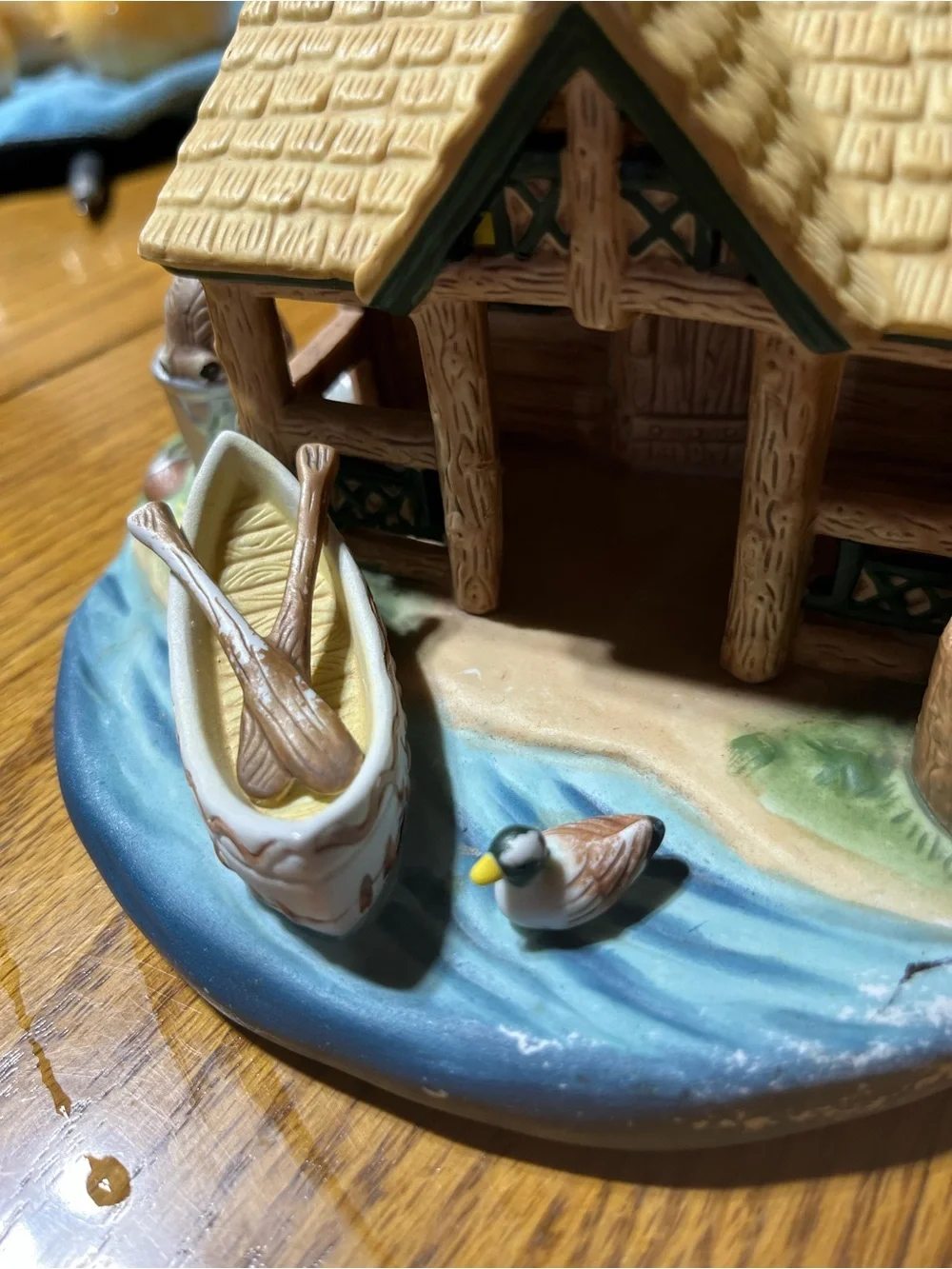 PartyLite Hand-Painted Ceramic Log Cabin Accent in Brown, Green, Yellow